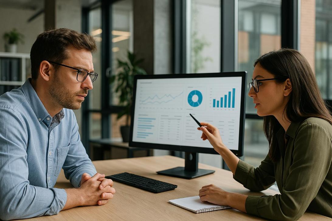 Chuyên gia marketing phân tích dữ liệu AI trong môi trường làm việc hiện đại