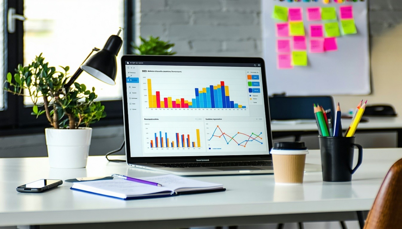 Bàn làm việc hiện đại với máy tính hiển thị phân tích SEO và AI tiếp thị kỹ thuật số