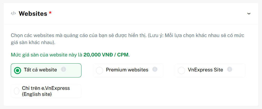 Thiết lập targeting website trên SmartAds