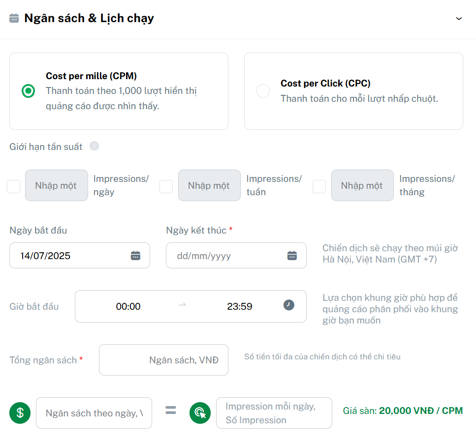 Thiết lập ngân sách trên SmartAds