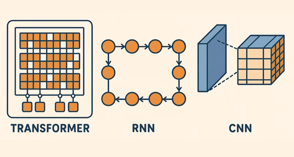 Minh họa cấu trúc mạng neuron sâu và các kiến trúc CNN, RNN, Transformer