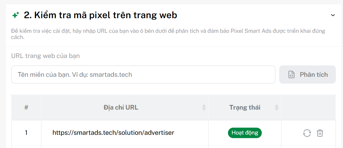 Kiểm tra mã SmartAds pixel tracking trên trang web