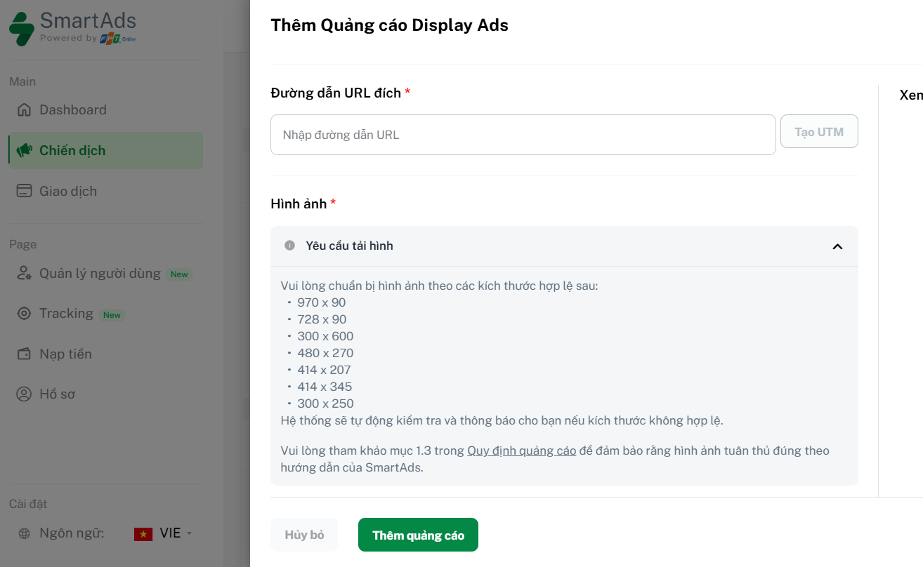Cách thêm quảng cáo display trên SmartAds