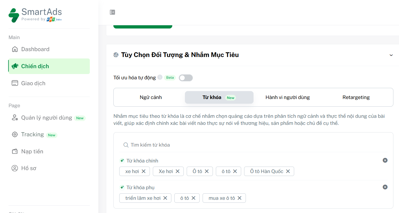 Giao diện tính năng Keyword targeting trên SmartAds