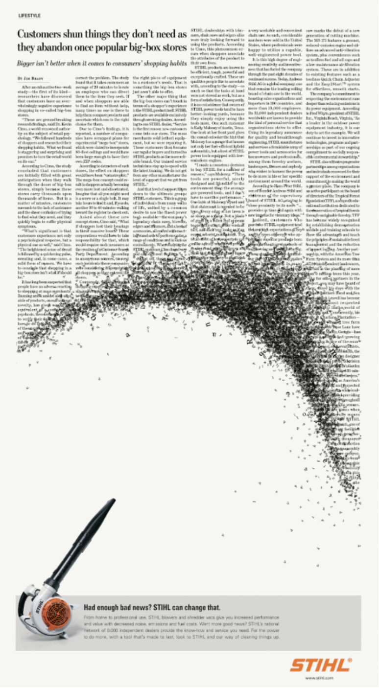 STIHL Blowers print ad exaggerating the power of the leaf blower