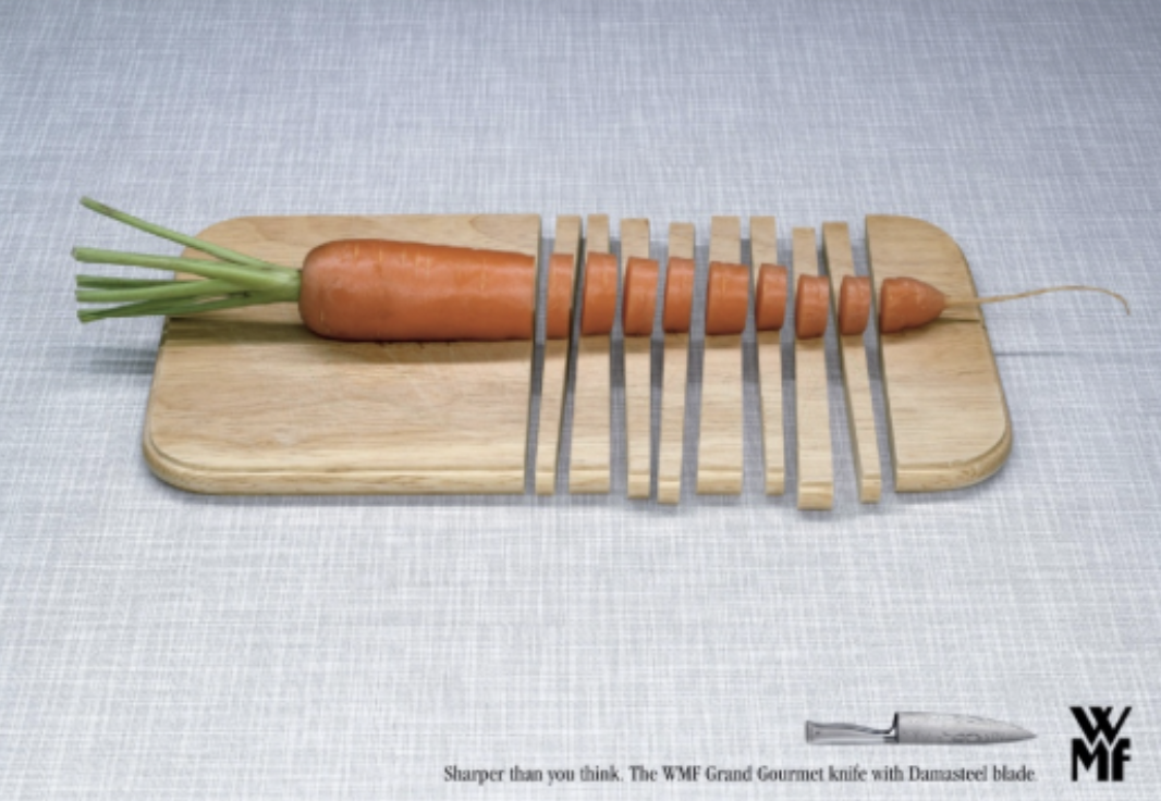 WMF Grand Gourmet Knife print ad visualizing extreme sharpness