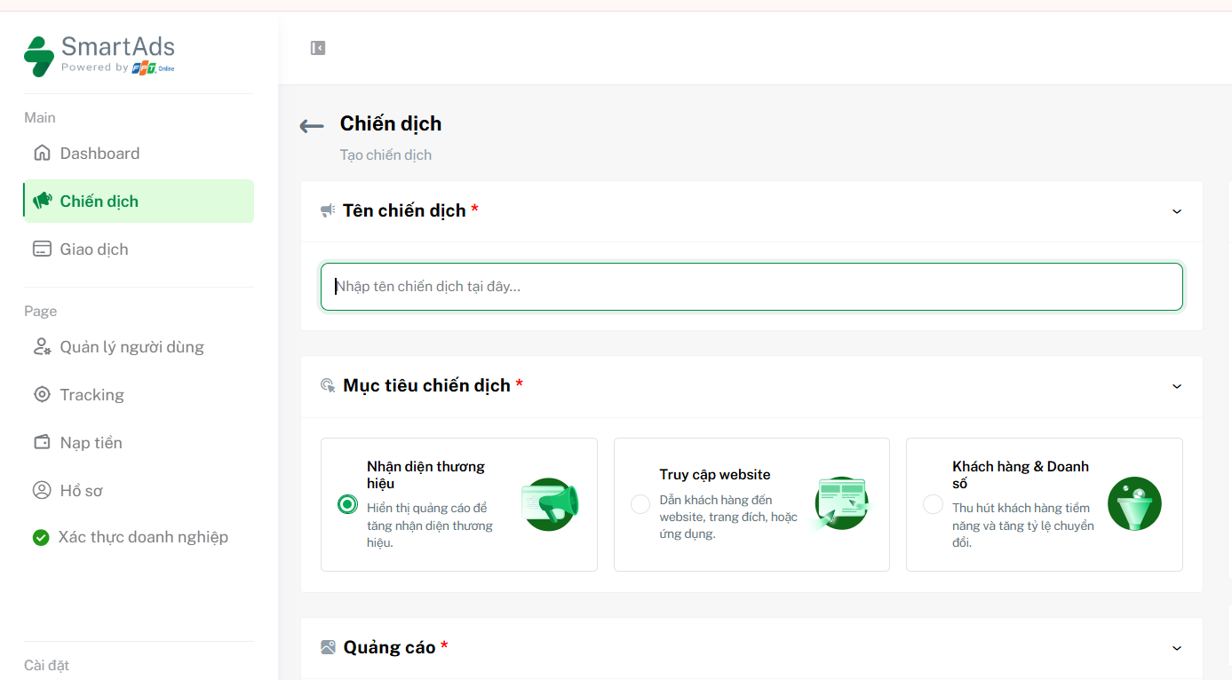 Dễ dàng trải nghiệm thiết lập chiến dịch với hệ thống của SmartAds