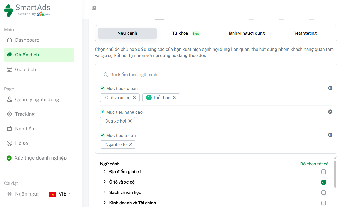 Cách thiết lập targeting theo ngữ cảnh trên SmartAds