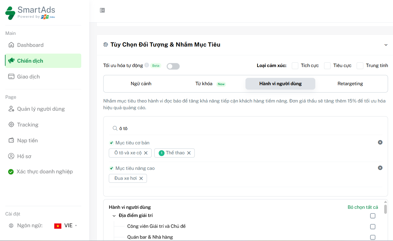 Cách thiết lập targeting theo hành vi người dùng trên SmartAds
