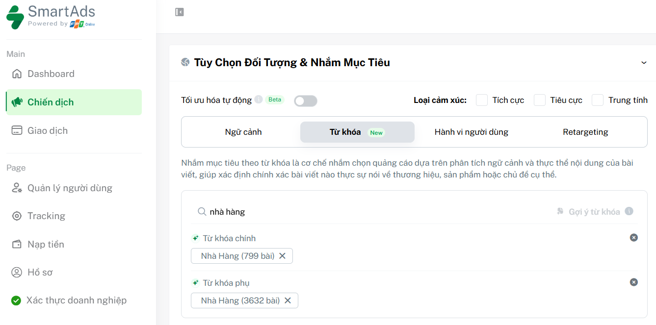 Cách thiết lập Keyword Targeting trên SmartAds