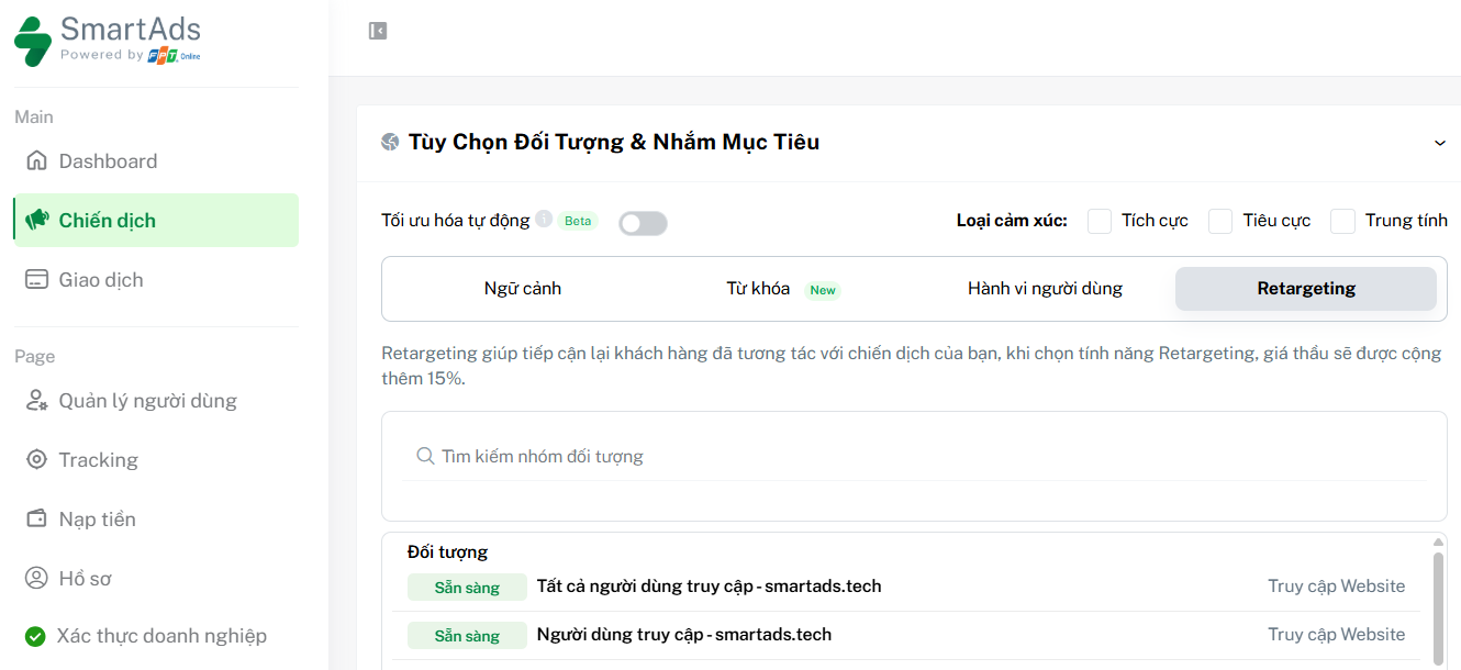 Cách thiết lập Retargeting trên SmartAds