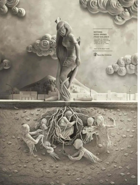 Đứa trẻ gắn với bộ rễ cây tượng trưng cho những tổn thương in sâu từ gia đình. (Nguồn: Penji)