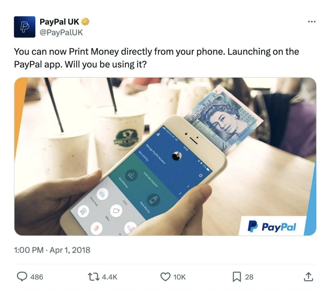 Tweet đùa của PayPal về tính năng in tiền trực tiếp từ smartphone.