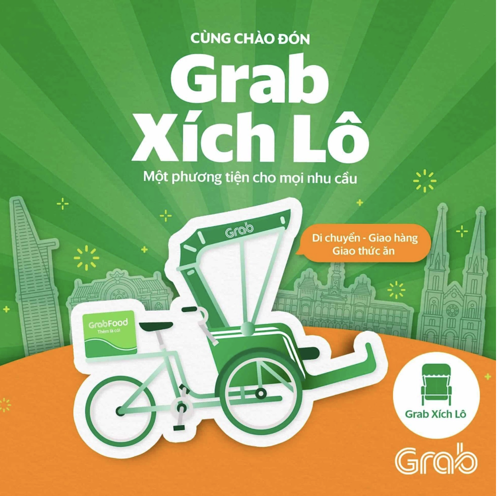 Đây là cuộn giấy vệ sinh có in các câu học ngoại ngữ, với nhiều phiên bản ngôn ngữ khác nhau như tiếng Tây Ban Nha cho người nói tiếng Anh hay tiếng Anh cho người nói tiếng Trung. Mỗi tờ giấy chứa những câu ví dụ quen thuộc của Duolingo, chẳng hạn như “My cat is a lawyer”. Sản phẩm phiên bản giới hạn này được gửi cho các influencer và đặt tại 18 văn phòng WeWork ở Trung Quốc. Chiến dịch nhanh chóng lan truyền trên mạng xã hội, thu hút 250.000 lượt truy cập từ 173 quốc gia, giúp Duolingo tăng 3,5% người dùng mới toàn cầu và 18% tại Mỹ. Dù nhanh chóng cháy hàng, Duolingo Roll vẫn được cộng đồng nhắc đến trong nhiều tháng sau đó. 8. Grab - Grab Xích Lô: Dịch vụ di chuyển đậm chất Việt Grab khiến cộng đồng mạng thích thú khi thông báo ra mắt Grab xích lô, một dịch vụ di chuyển mang đậm nét văn hóa Việt vào năm 2019. Theo giới thiệu, xích lô sẽ phục vụ nhiều nhu cầu như chở khách, giao đồ ăn hay ship hàng.