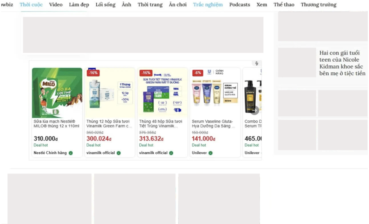 Demo vị trí của định dạng Shopping Ads trên báo điện tử