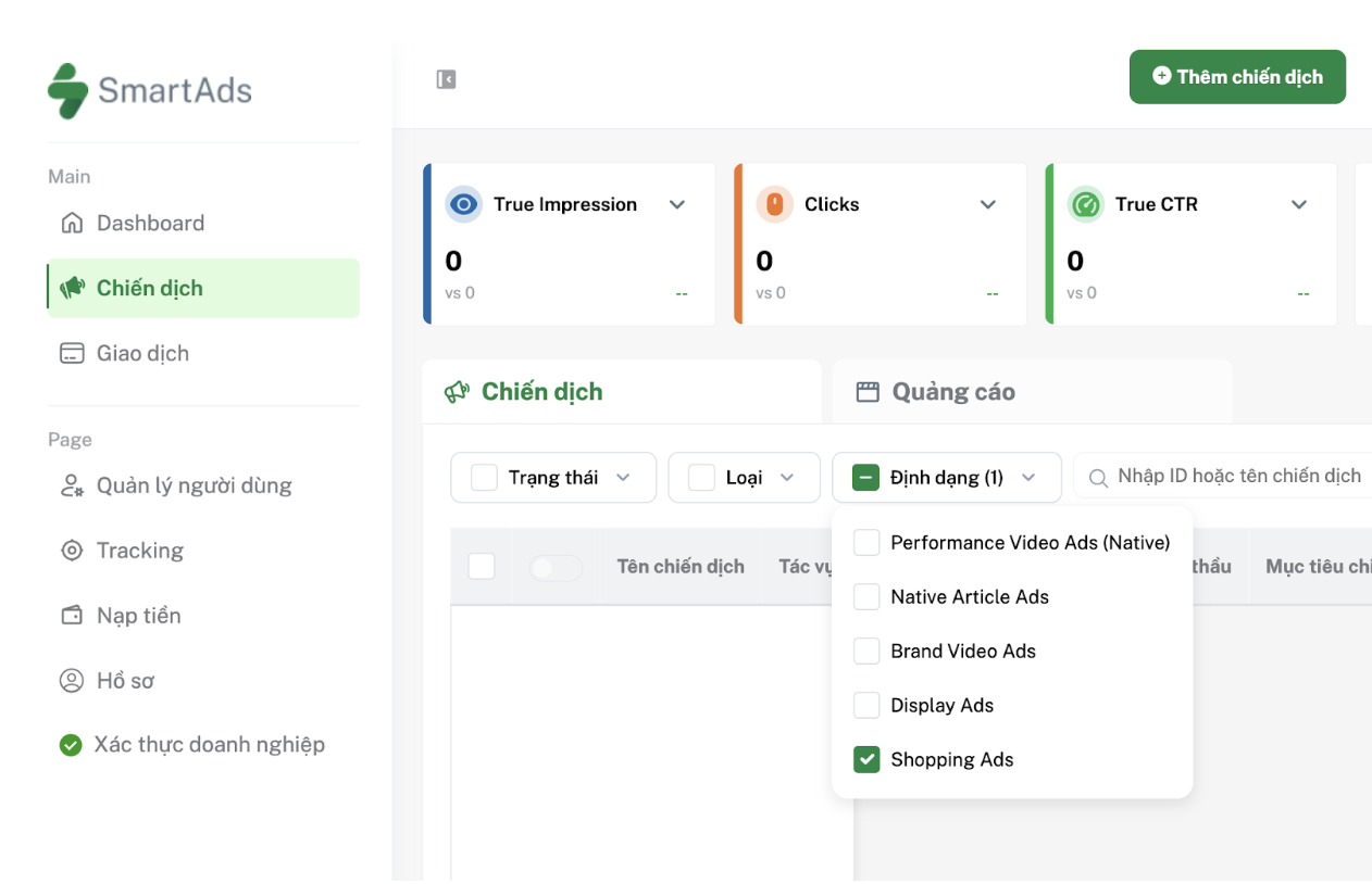 Xem báo cáo theo định dạng Shopping Ads tại trang quản lý chiến dịch trên SmartAds