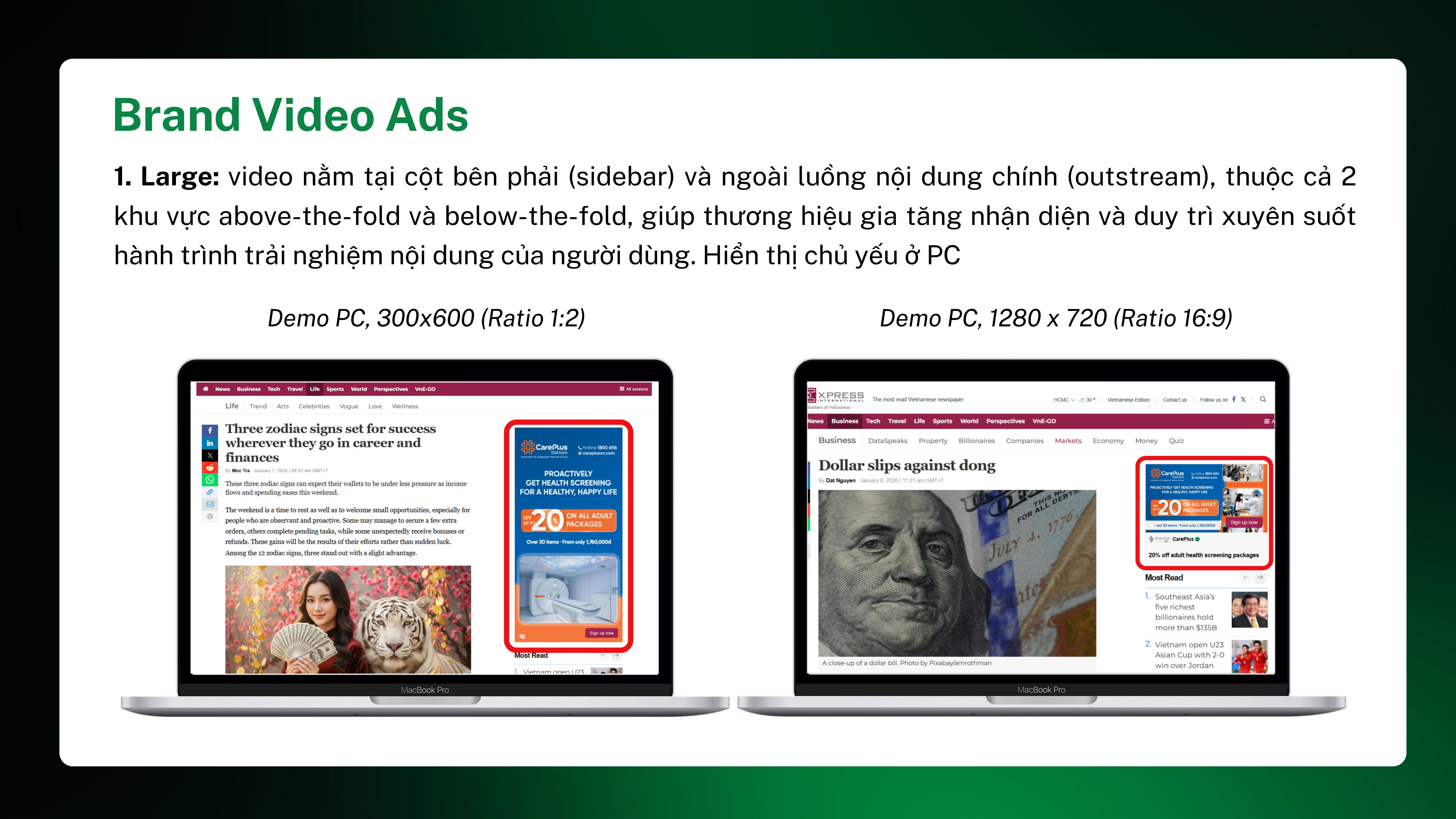 Demo minh họa mẫu quảng cáo Brand Video Ads ở vị trí Large (Outstream Sidebar) trên SmartAds