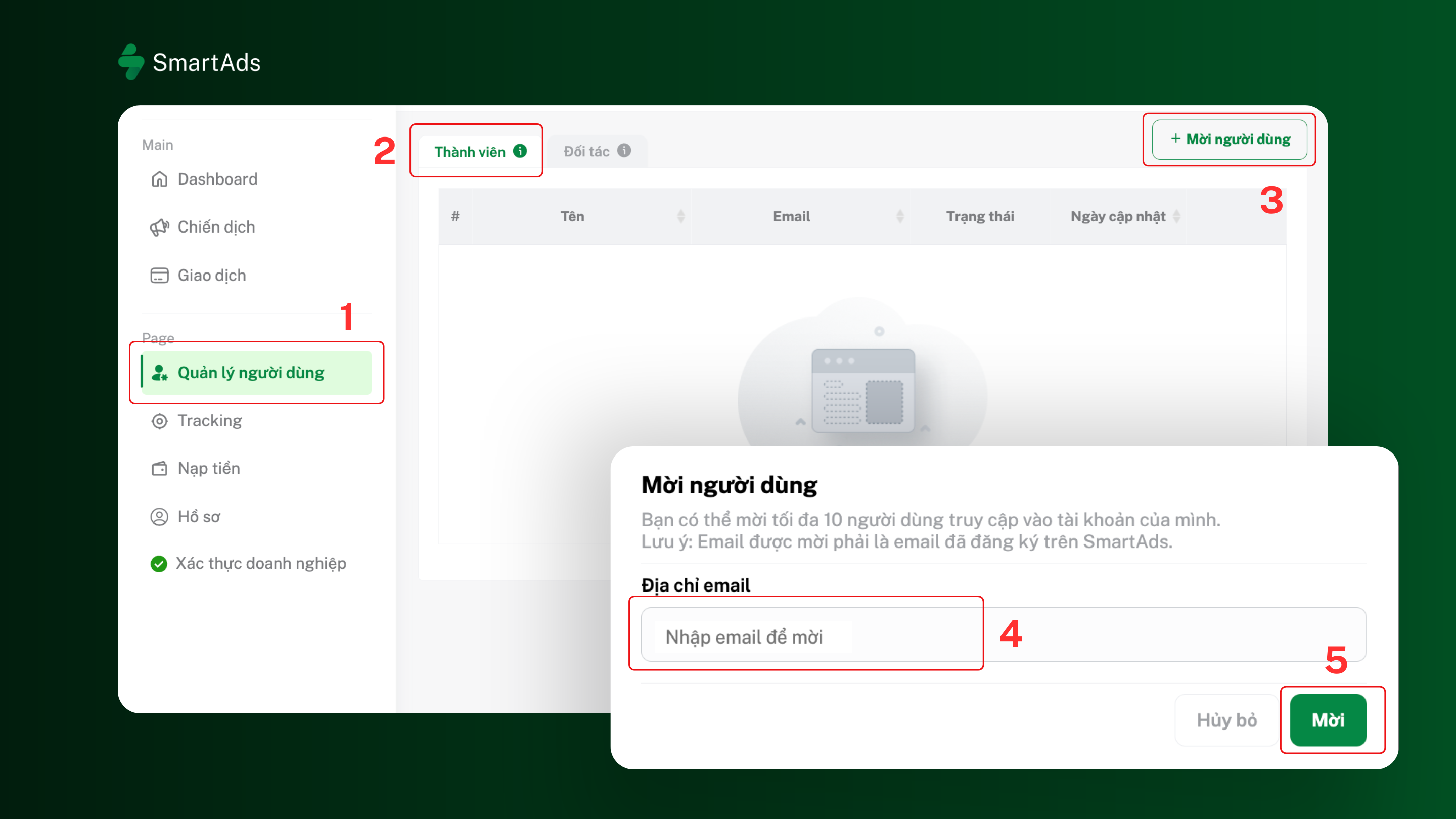 Illustration of how to invite new members on the SmartAds system