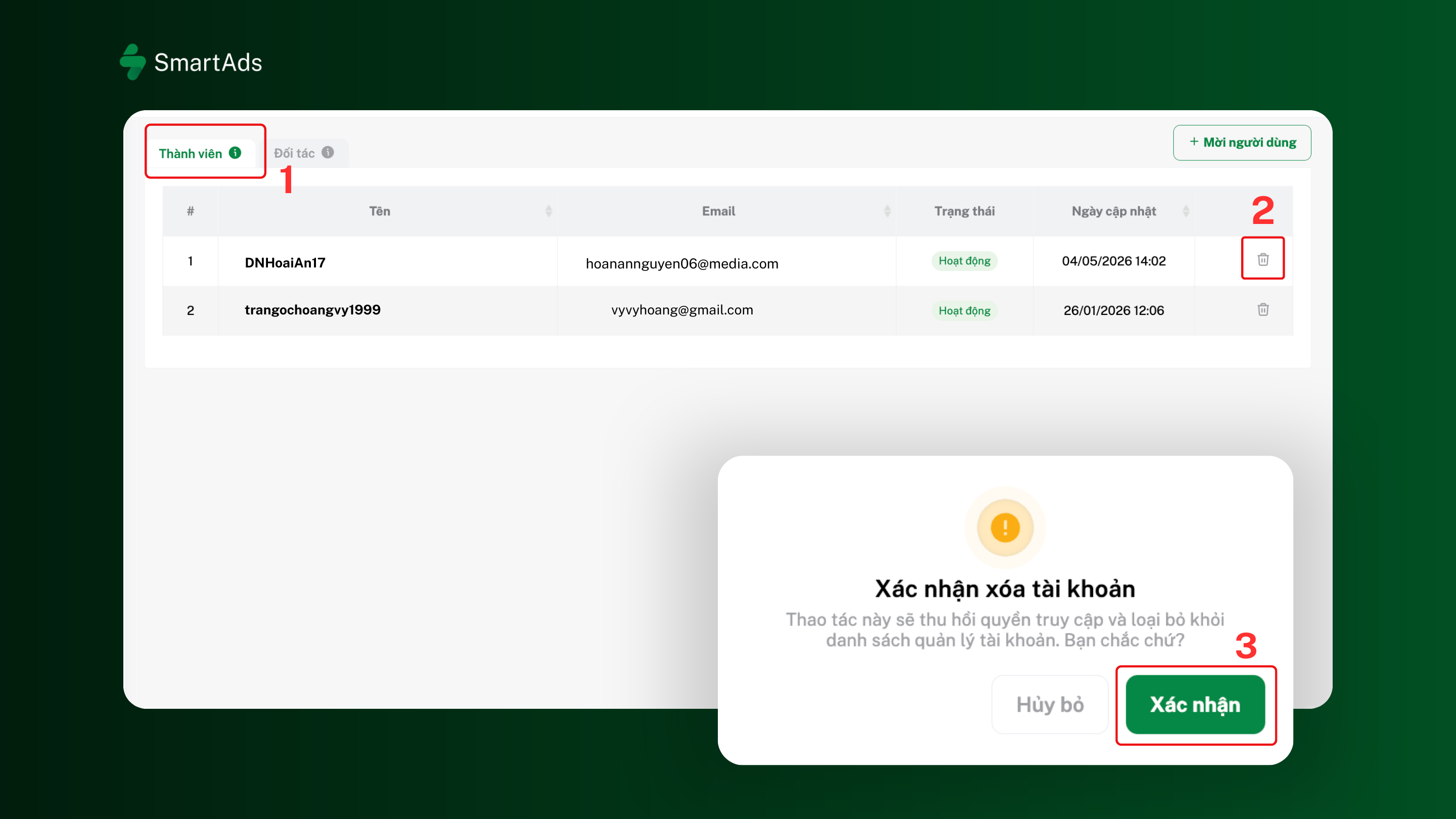 Illustration of how to remove members on the SmartAds system