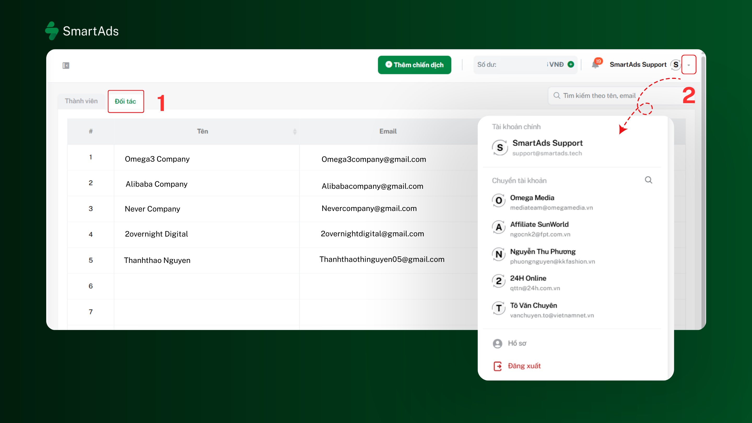 Illustration of how to quickly switch management accounts on the SmartAds system