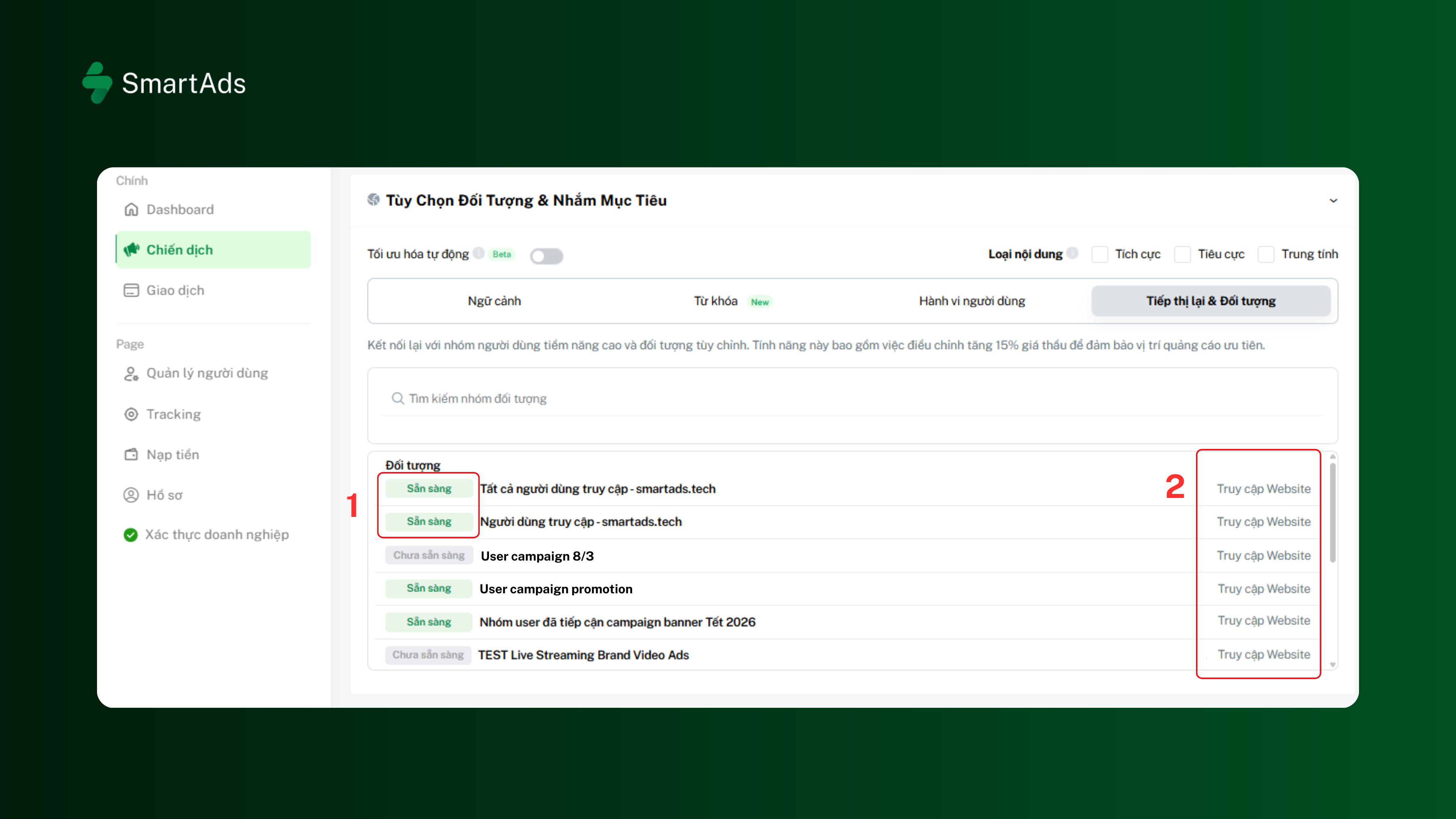 Method 1: Select a tracked website directly from the list