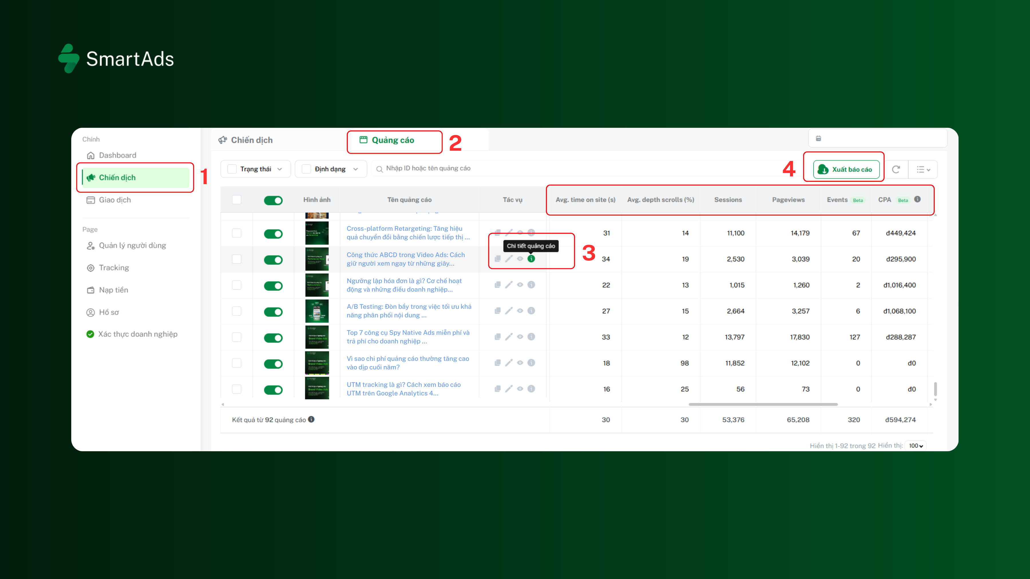 Illustration of exporting reports in SmartAds