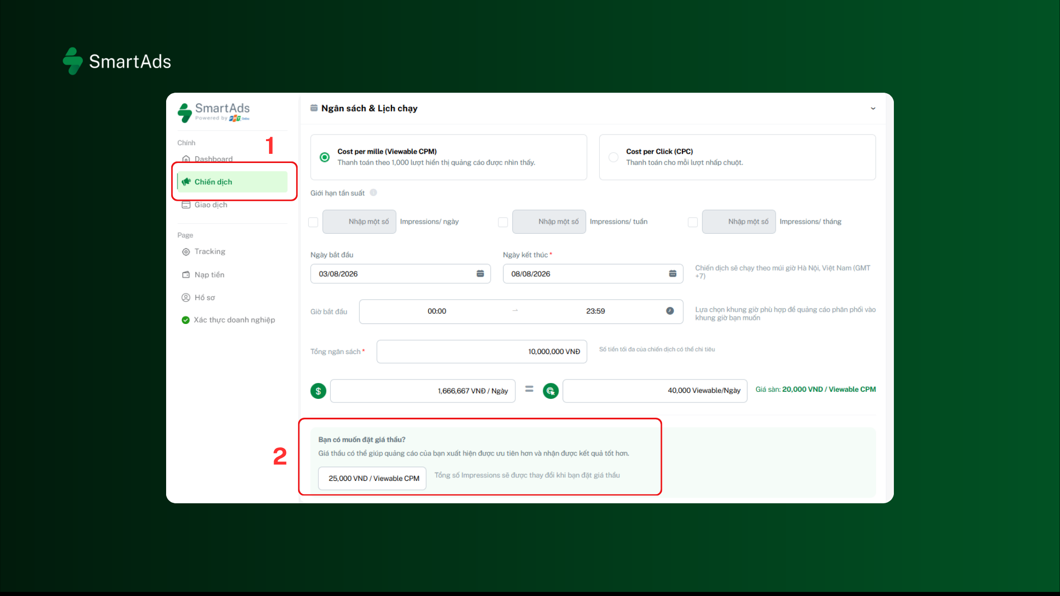 Hình ảnh minh họa Cách thiết lập giá thầu trên SmartAds