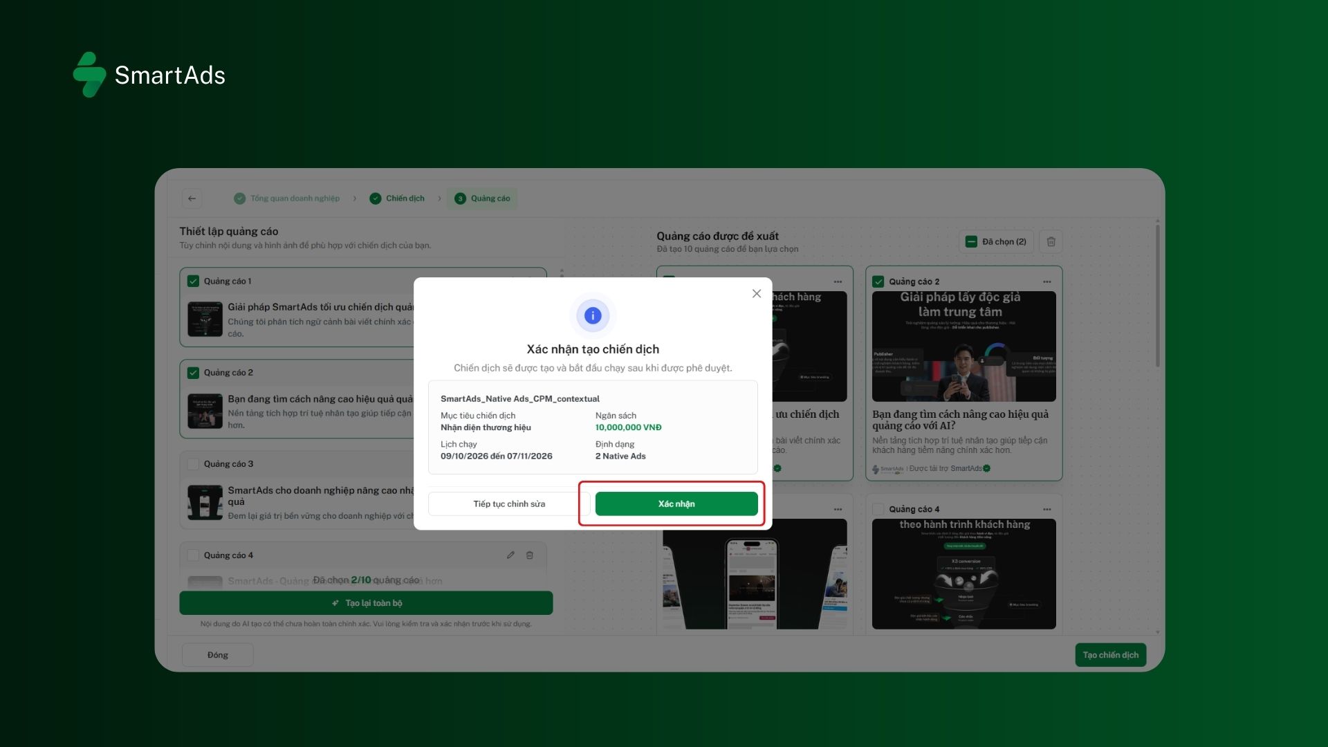 Figure 5: Review the campaign details before confirming campaign creation.